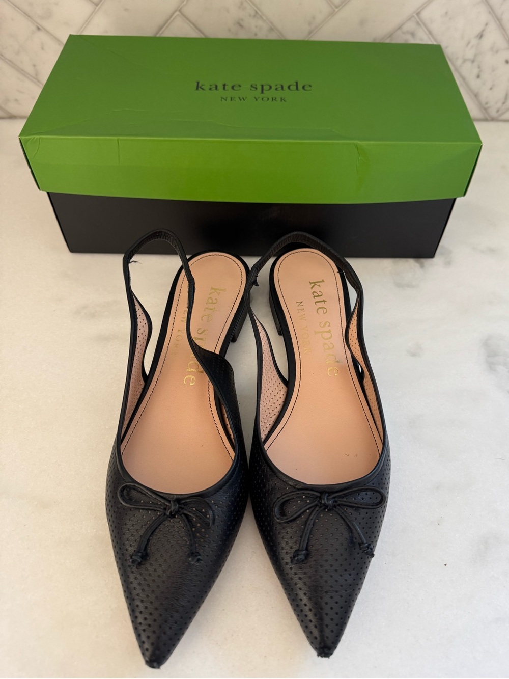 kate spade Black Pointed Perforated Slingback Flats with Bow Size 8